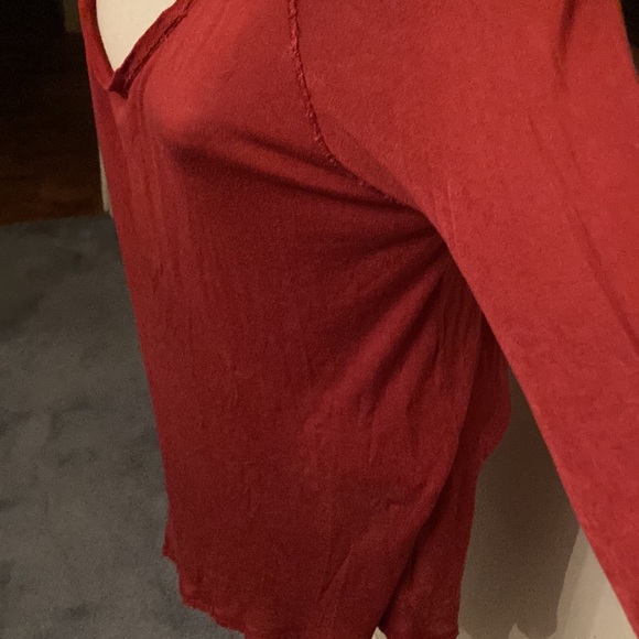 Red sheer-ish knit tunic with asym scraggly hem bohemian style deep scoop neck. - Picture 7 of 10